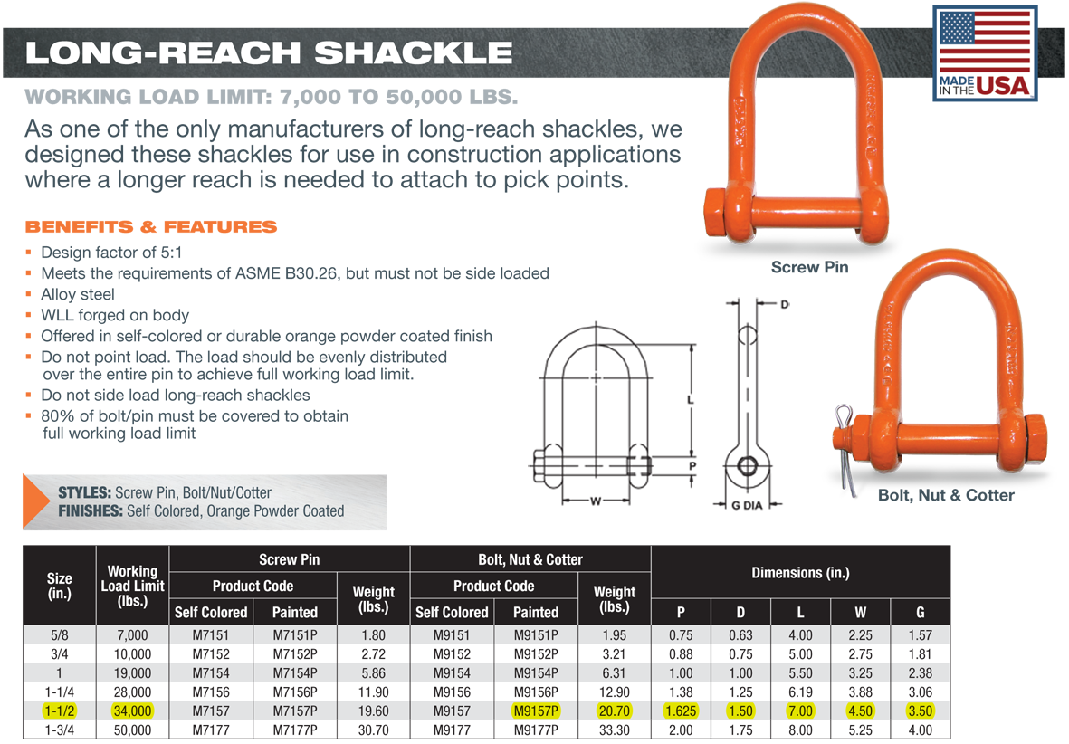 11/2 inch CM M9157P Bolt Type Long Reach Shackles Wesco